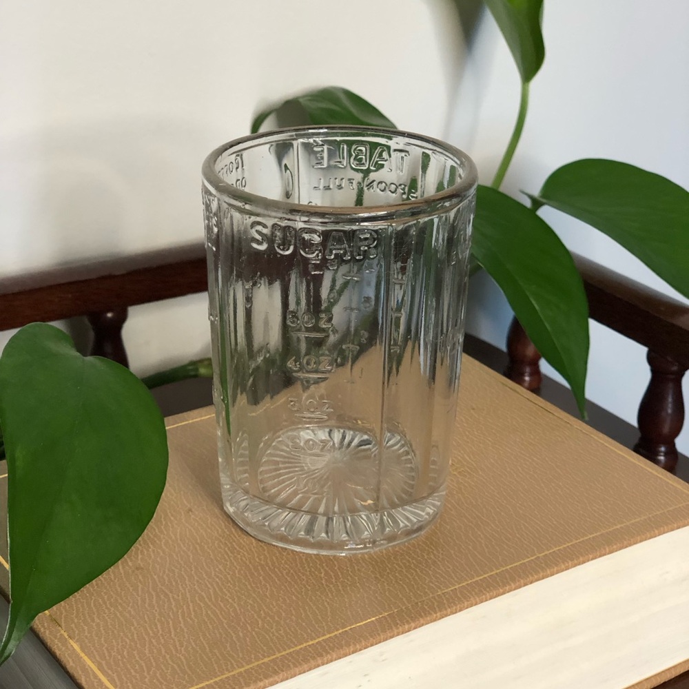 Vintage Clear Glass Measuring Cup / Kitchen Gadget with Multi-Unit Scales